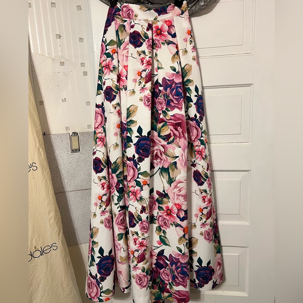 Eliza J White & Fuchsia Faille Floral Pleated Long Maxi Ballroom Formal Skirt